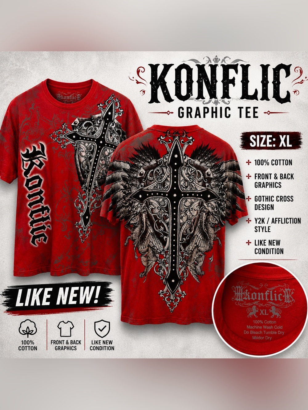 Konflic XL Red Graphic Cross T-Shirt Gothic Y2K Tattoo Streetwear Tee